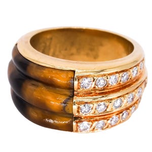18k Yellow Gold 0.50ct vs Diamond & Tiger's Eye Ribbed Dome Ring Size 6.5