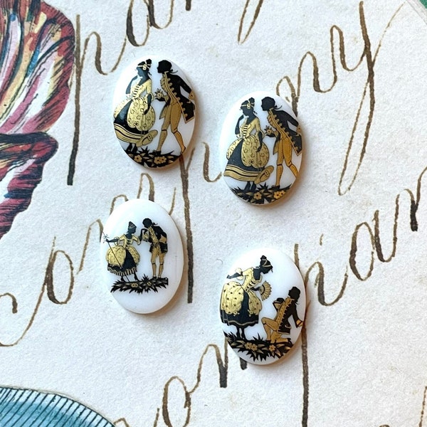 4 pcs Mixed Lot Vintage Victorian Courting Couple Cabochons, Oval White, Black, Gold, 2.5 x 1.8 cm