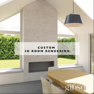 May include: A 3D rendering of a room with a fireplace, a large window, and a wooden table with chairs. The text "CUSTOM 3D ROOM RENDERING" is displayed in the center of the image. The text "gibson INTERIOR DESIGN" is displayed in the bottom right corner of the image.