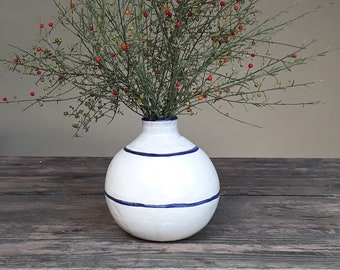 White hand built vase with blue decoration