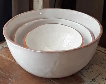 Large, medium or small salad bowl in terracotta with white sea blue or sage green glaze