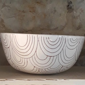 white ceramic handbuilt terracotta bowl with etched design image 1