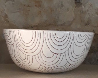 white ceramic handbuilt terracotta bowl with etched design