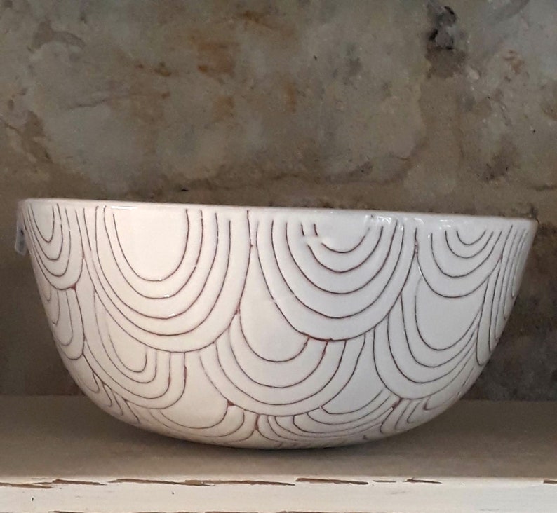 white ceramic handbuilt terracotta bowl with etched design image 1