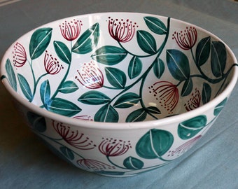 Large deep salad bowl in glazed and hand painted terracotta