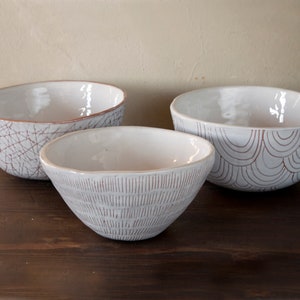 white ceramic handbuilt terracotta bowl with etched design image 2