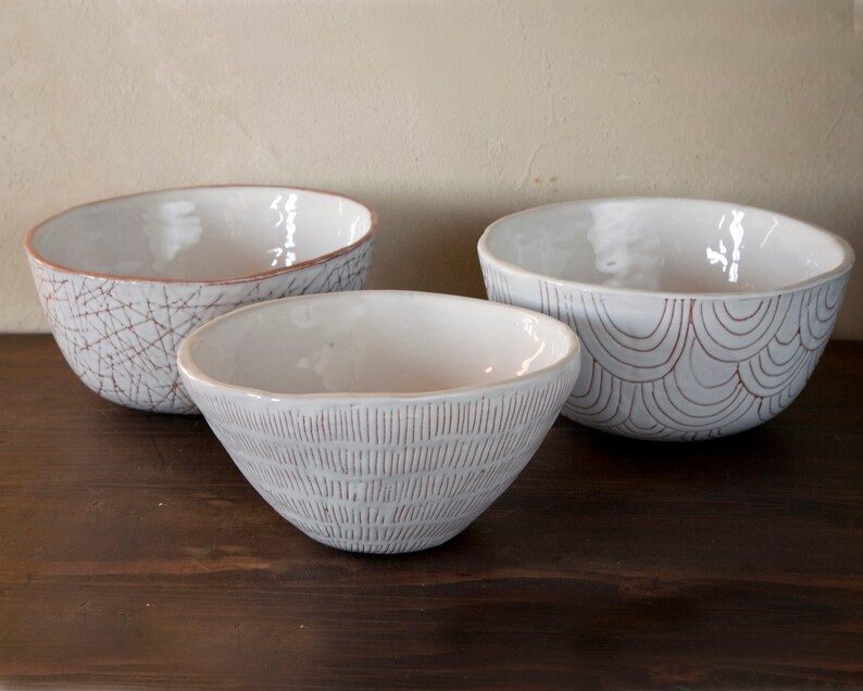 white ceramic handbuilt terracotta bowl with etched design image 2