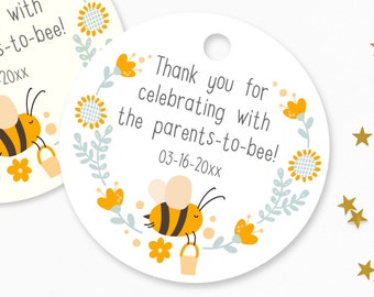 Couples baby shower tags, thank you for celebrating with the parents to bee, round tags for honey sticks and jars, flowers and bee (T-264)