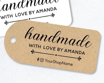 Handmade with love, custom rounded corner tags personalized with your name and handle, tags for products and small business (T-268)