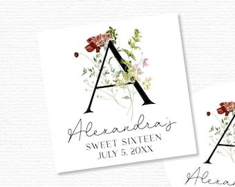 Sweet sixteen stickers, black initial monogram labels,  watercolor wildflowers, round or square shape (C27-02)