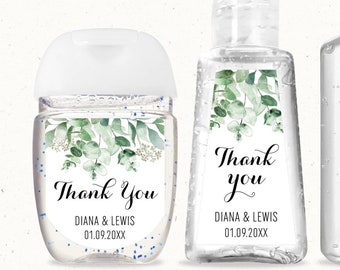 Hand sanitizer labels, greenery eucalyptus watercolor border, personalized thank you stickers for favors and gifts C37-02