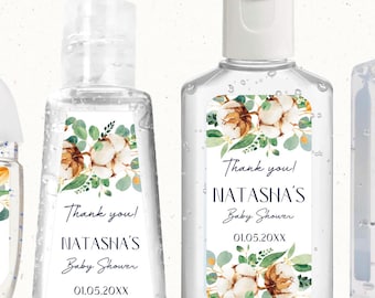 Mini hand sanitizer labels, watercolor cotton eucalyptus, personalized thank you stickers C33-02