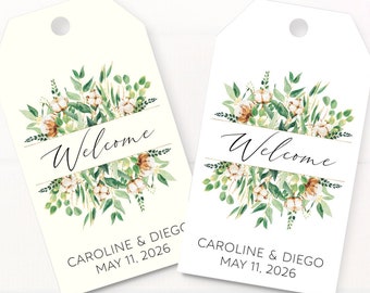 Welcome tags, cotton eucalyptus watercolor, destination wedding hotel bag tag, personalized greenery favor hang tags (T-238)