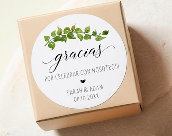 Personalized wedding favor stickers, Welcome, Thank you or gracias, greenery leafy branch C47-02