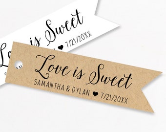 love is sweet flag tags personalized with your names and wedding date, pennant tags, jam tags, mini honey jar tags, candy favors (T-99)