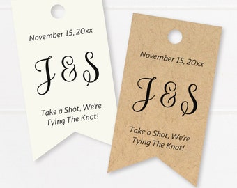 Take a shot, we're tying the knot, vertical flag tags personalized with your initials and wedding date, mini liquor bottle tags (T-277)