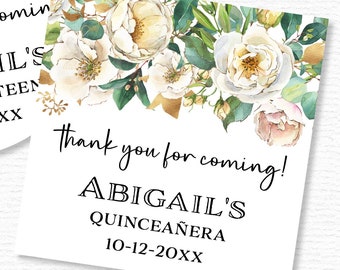 Personalized quinceañera stickers, white and gold watercolor flowers, round or square gift labels C31-04