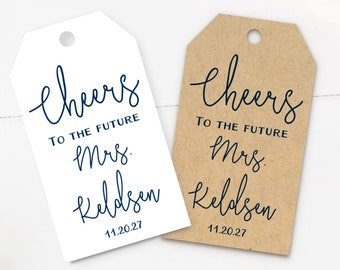 Cheers to the future Mrs. bridal shower tags for wine bottles, mini champagne, bubbly, mini liquor, minimalist modern calligraphy (T-231)