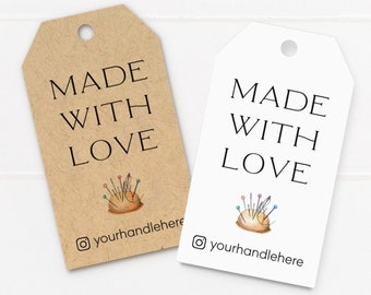 Made with love, personalized tags for handmade sewing crafts, watercolor pincushion and needles, custom tags with your shop info (T-275)