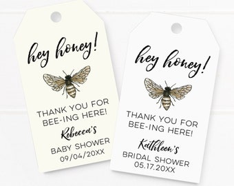 Bridal or baby shower tags, watercolor vintage bee illustration, personalized tags for honey sticks, jars, favors and gifts (T-165)