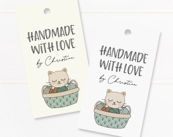 Handmade with love, personalized tags with your name and a cute cat illustration inside a yarn basket, knitting gift tags (T-308)