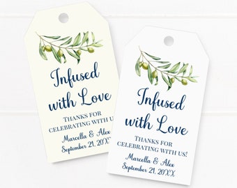 Infused with love tags, personalized wedding favor tags for olive oil bottles, watercolor olives and branch illustration (T-266)