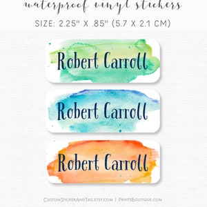 waterproof name labels, watercolor background in green, blue and orange, personalized boy's sippy cup, daycare or lunch box stickers (NS-08)