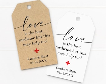 Hangover kit tags, love is the best medicine, personalized tags for after party recovery bag, destination wedding first aid kit tag (C94-04)