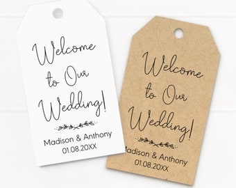 welcome to our wedding, hotel bag tags, hang tags for wedding favors, modern calligraphy with line branch drawing, minimalist wedding (T-70)