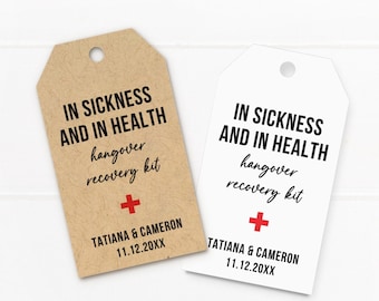 In sickness and in health, personalized wedding tags for hangover recovery kits and bags, four tag sizes to choose from C93-02