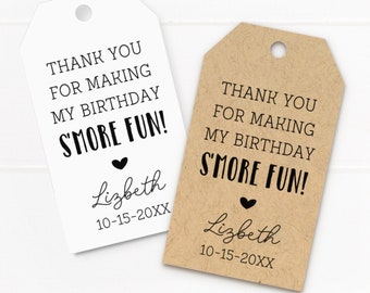 Smore favor gift tag, thank you for making my birthday smore fun, personalized tags for favors and gifts, minimalist style hang tags (T-318)