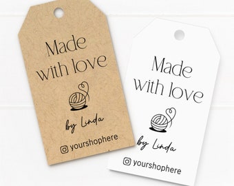 Made with love knitting and crochet tags, yarn ball and heart drawing, custom tags for handmade products with your shop info (T-316)