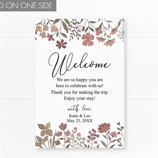 Welcome tags for hotel bags, party favors and wedding weekends goodie bags, muted neutral flower border, printed tags in two sizes C3-01