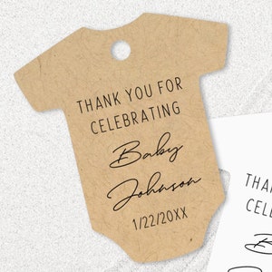 Baby shower tags, thank you for celebrating our baby, new born body suit shaped tags, personalized tags for gifts, favors, sprinkles T-299
