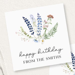 Pegatinas de feliz cumpleaños, etiquetas personalizadas para envolver regalos, flores silvestres de acuarela, forma redonda o cuadrada C27-03