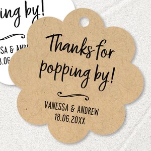 Thanks for popping by personalized popcorn favor tags, wedding and baby shower, scallop round shape, couples shower gift labels T-77