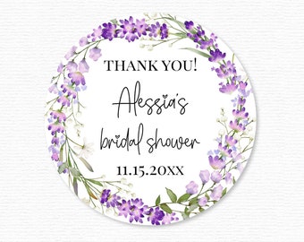 Thank you bridal shower stickers, watercolor lavender flower border, perosnalized custom round labels, favor and gift stickers (C11-05)