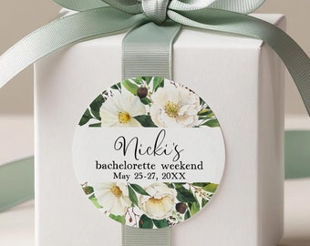 Pegatinas de recuerdo para despedida de soltera, etiquetas redondas personalizadas, flores blancas y vegetación C48-03