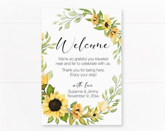 Welcome tags for hotel bags, party and wedding favors, watercolor sunflower and greenery border, printed tags, 2 sizes to choose C07-01