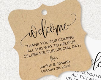 Welcome tags, personalized wedding tags for hotel bags and destination weddings, modern calligraphy T-145