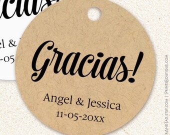 Personalized Gracias round favor tags, Spanish wedding & party tags, custom labels T-11