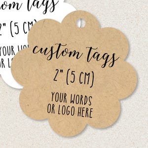 Custom scalloped round tags, personalized favors, products, logo, QR code tag T-76
