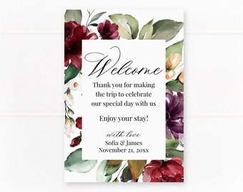 Welcome tags with watercolor flower border in burgundy, blush and plum tones, personalized wedding tags for hotel bags (C1-01)