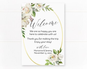 Welcome tags for hotel bags, party favors, weeding weekends, watercolor white and ivory flowers over faux gold border, printed tags C10-01