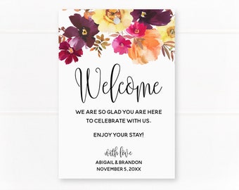 Welcome tags for wedding gifts, hotel bags and party favors, burgundy, plum, peach and yellow flowers C4-01