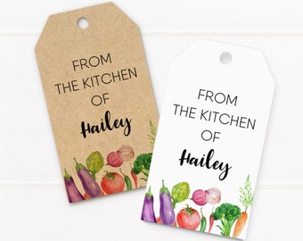 Canning tags with watercolor vegetables, From the kitchen of, custom tags for homemade products with your name or shop info (T-313)