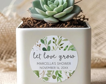 Let love grow stickers, succulent label favors, bridal shower gift, couple's shower, watercolor greenery, custom round stickers S-225
