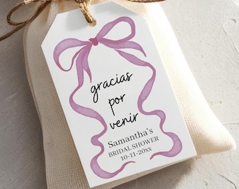 Gracias por venir personalized bridal shower tags in Spanish, pink or purple bow, thank you favor tags C82-02
