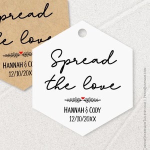 Spread the love, personalized wedding tags in hexagon shape, custom gift tags for sweets, jam and honey jars C91-08