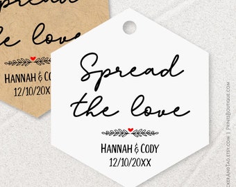 Spread the love, personalisierte Hochzeitsanhänger in Sechseckform, Geschenkanhänger für Bonbons, Marmelade und Honiggläser C91-08
